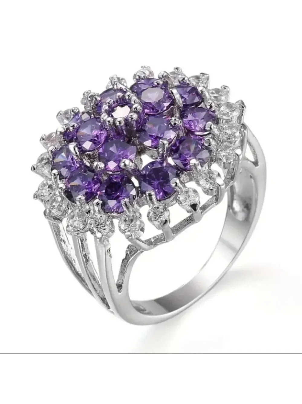 Elegant Purple and Silvertone Cluster Ring